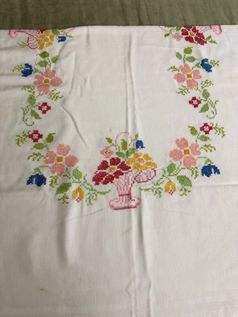 Embroidered Floral Linen Tablecloth - White with Pastel Flowers  OSK